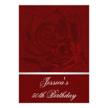 50th Birthday Red Roses White Satin Trim Party Invite