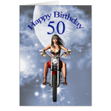 50th birthday with a biker girl greeting card