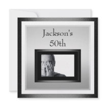 50th Male Birthday White Silver Black Photo 2 Custom Invitations