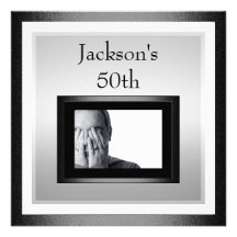 50th Male Birthday White Silver Black Photo 2 Custom Invitations
