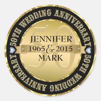 50Th Wedding Anniversary Metallic Gold & Black 2 Round Sticker