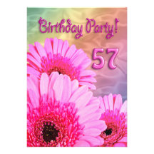 57th Birthday party invitation with pink flowers