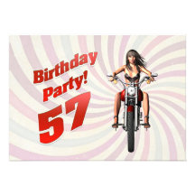 57th birthday party with a girl on a motorbike personalized invitation