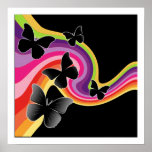 5 Black Butterflies On Swirly Rainbow Poster