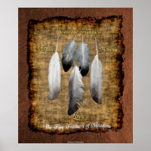 5 Feathers on Parchment Native American Wisdom Posters