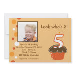 5 FIVE year old CUPCAKE PHOTO BIRTHDAY Orange invitations