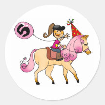 5 year old girl on a pony round sticker