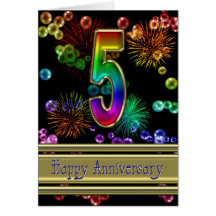 5th anniversary with fireworks and bubbles greeting cards