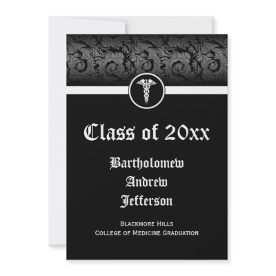 5x7 Black/White Caduceus Medical School Graduation Personalised Invitations by CustomInvites