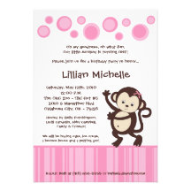5x7 Girl Pink Pop Monkey Dance Birthday Invitation