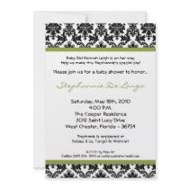 5x7 Green Lime Black Damask Baby Shower Invitation