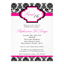 5x7 Hot Pink Damask Sweet 16 Birthday Invitation