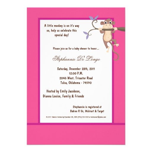5x7 Pink Monkey Baby Shower Invitation