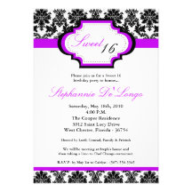 5x7 Purple Damask Sweet 16 Birthday Invitation
