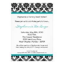 5x7 Teal Turquois Damask Birthday Party Invitation