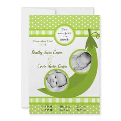 5x7  Twins Pea in a Pod  PHOTO Birth Announcement by thepapergenius