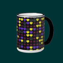 60's Peace Signs, Hearts and Flower Power Design mugs