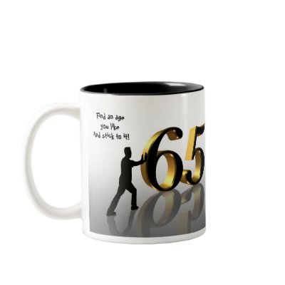 65th Birthday mug 3D text man pushing 65 by Irisangel