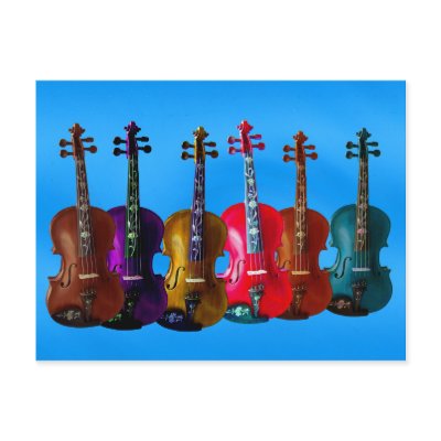 6 VIOLINS ON BLUE-POSTCARD by NedHReece