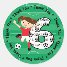 6th Birthday Thank You Red and White Soccer Girl 1 Round Stickers