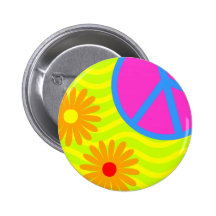 70's Hippie Peace Sign and Flowers Pinback Button