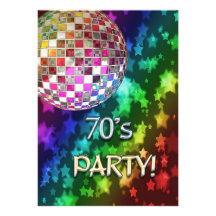 70s invitation with disco ball and rainbow of star