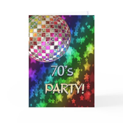 70s invitation with disco ball and rainbow of star card by Eggznbeenz