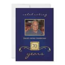 70th Birthday Invitations - Blue Monogram & Photo