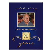 70th Birthday Invitations - Blue Monogram & Photo