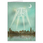 75th Birthday card with a city and spotlights