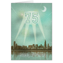 75th Birthday card with a city and spotlights