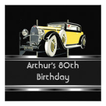 80th Birthday Party Black Vintage Car Mans Personalized Invites