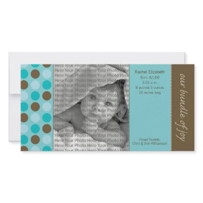 8x4 Birth Announcement Teal and Brown Polka Dots Personalised Photo Card by BeezKneez