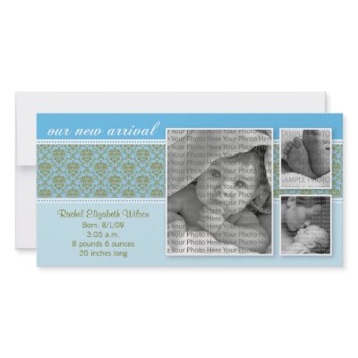 8x4 Blue Baroque 3-Photo Birth Announcement by BeezKneez