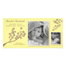 8x4 Branch Design Birth Announcement Yellow/Brown Photo Card