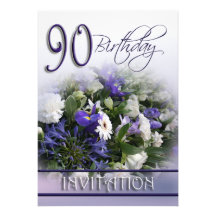 90th Birthday Party Invitation - Blue bouquet