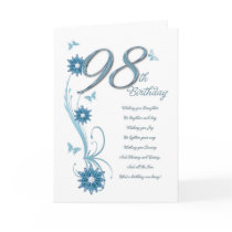 98th birthday in teal with flowers and butterfly greeting card