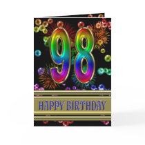 98th Birthday with rainbow bubbles and fireworks Greeting Card