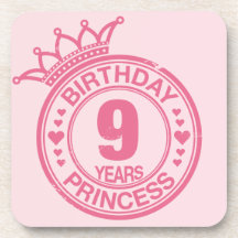 9 years - Birthday Princess - pink Beverage Coaster