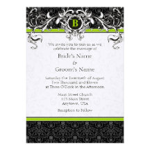 A7 Lime Green Black Damask Monogram Wedding Invite