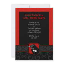 A7 Red & Black Raven Damask Halloween Invitations