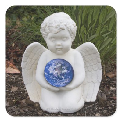 A cherub in the garden cradles the earth square sticker by prophoto