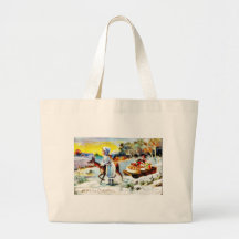 A christmas greeting with a family moving with a c tote bag