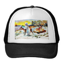 A christmas greeting with a family moving with a c hat