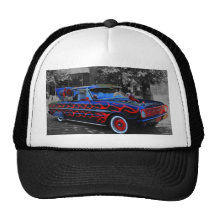 A flaming old car, oon a truckers hat