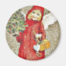A girl dressd with santa claus with wings and gift magnets