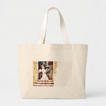 A girl dressed like an angel carrying christmas tr canvas bags