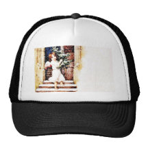 A girl dressed like an angel carrying christmas tr hat