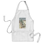 A girl standing with basket of gifts near christma aprons