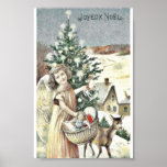 A girl standing with basket of gifts near christma posters